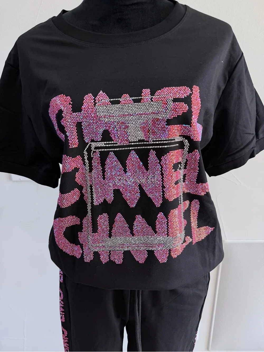 CHANEL Black Tee and Joggers with Pink Logo Detailing size S/M